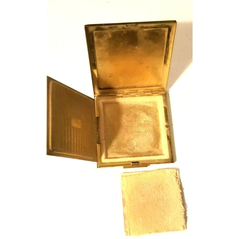 Mid Century Etched Brass Goldtone Powder Compact